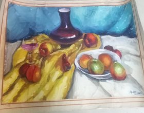 87年的水果还很新鲜啊，那杯葡萄酒画的好！卡纸本！纯手绘/买家自鉴油画50+38cm