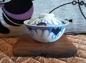 【茶事雅器0438】日本购回 瓷器陶器 老柴烧青花花卉纹盖碗 口径10.8高4.5厘米