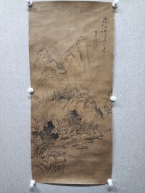 老山水，落款（东林），不知道姓什么。中间开裂，接裱。尺寸93X42