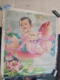 袋6--建国后宣传画 肚兜儿童骑鲤鱼荷花年画，非常喜庆，59*53cm