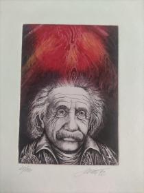 Josef Dudek～世界名人爱因斯坦，伟大的科学家。版画藏书票原作.