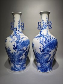 瓷器，大清雍正年制，青花花鸟鸳鸯双耳瓶，高：42.5cm，肚直径：20cm.