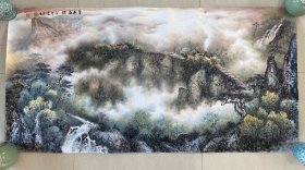 山水画，小写意，皴法点染，纯手绘，假一赔万，正面一幅画，背面一幅画，都是本人精心收藏的，河北省唐山市美协贾云芳老师亲笔手绘的原创大作，实际画的比照片拍出来要漂亮的多，笔法苍劲有力，浓淡干湿焦，行云流水。1.4米×70公分，四尺整张的，拖了个底，卧室，书房，茶室，沙发背景墙都可悬挂，非常大气，闭眼入。