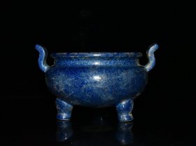 明代成化霁蓝雕刻仙鹤香炉【 9.8x16.2cm 】h