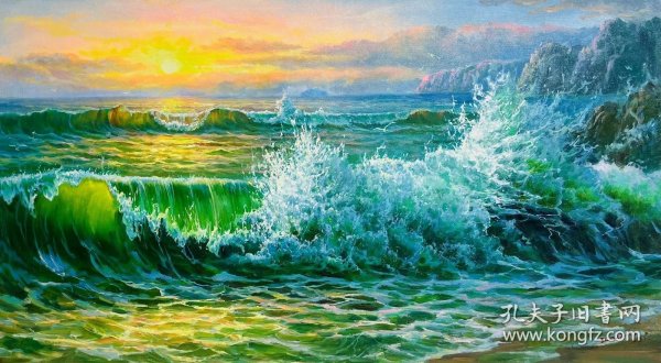 全新朝鲜油画，纯手绘油画，海浪油画 《东海的日出》