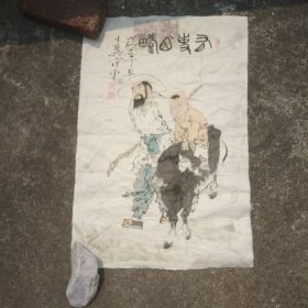 老人带幼童奇牛墨画
