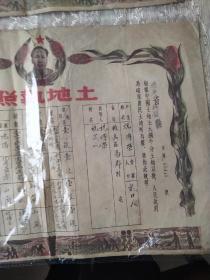 民国解放区沿用1950年-辽东省抚顺县【土地执照】2张！彩色毛像！38/27厘米