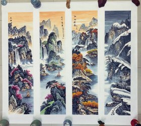 山水画，春夏秋冬，四条屏，很有意境，色彩构图非常漂亮，小写意画法，皴法点染，真人真迹纯手绘作品，假一赔万，终身保真，支持第三方鉴定，山东省美协会员尹成云老师的原创大作，实际画的比照片拍出来要漂亮的多，笔法苍劲有力，浓淡干湿焦，行云流水，这4幅构图非常棒。尺寸 1.4米×0.7米，四尺对开的四条屏，家里客厅，沙发背景墙，书房，中堂，茶室，办公室，大厅，办公桌背后，背有靠山之意，都可悬挂，闭眼入！