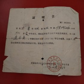 证明书 新疆维吾尔自治区知识青年上山下乡工作办公室 1977年1月25日