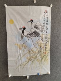 著名画家高松庐双鹤图三尺软片一幅，完整。高松庐1936年生，河北省束鹿县人，字雨苍，出身于书香世家。青年时代进中国画院进修，承师陈半丁、秦仲文、汪慎生、王雪涛等人，擅长山水、花鸟、书法，作品清新潇洒，气韵生动。系中国老年书画研究会会员、北京中国书画研究会会员、鲁西南书画研究会名誉主席、石家庄画院顾问，日本书泉书道学会名誉会员，现为专职画家。