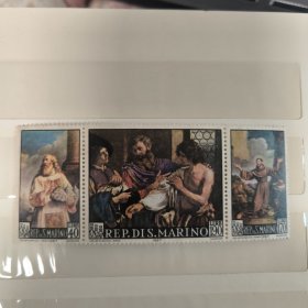 E302圣马力诺1967年 圭尔奇诺绘画作品 圣方济 浪子归来 邮票 新 3全 联票 MNH 背胶泛黄，随机发
