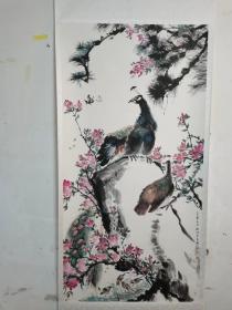 孔雀杜鹃图，四尺立轴，画芯135X60cm，手绘，手工裱