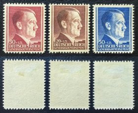 2-347#，德占波兰1942年邮票3全新，原胶背贴。人物肖像。53岁生日。二战集邮。