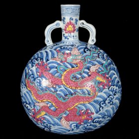 明宣德青花矾红龙纹抱月瓶29×24