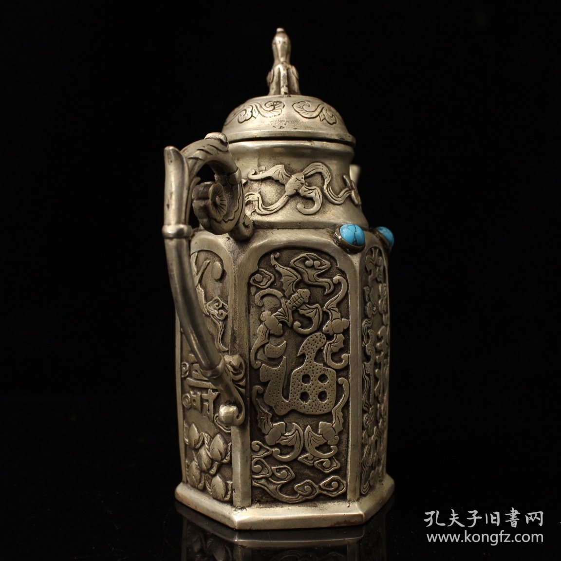 纯铜鎏银纯手工打造镶嵌宝石福禄寿酒壶重469克 高15厘米 宽14厘米