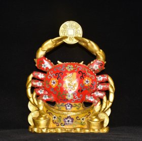 纯铜景泰蓝掐丝螃蟹八方来财摆件 尺寸：长23厘米 宽9厘米 高29厘米 重3000克