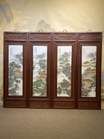 汪野亭作品红木镶瓷板画粉彩山水楼台亭阁四条挂屏 高168厘米宽53厘米（单块尺寸）