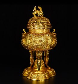 珍藏旧藏精品纯手工打造铜鎏真金高浮雕錾刻三节麒麟熏炉 高23厘米，肚直径13厘米，重1211克