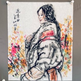 吴山明，画心尺寸68x45。吴山明凭借其对水墨艺术的深入理解和精湛技艺，展现出极高的笔墨操控能力。他的笔触灵活多变，既能够描绘出飘逸的衣纹，又能勾勒出细腻的面部表情。这种深厚的笔墨功力使得他笔下的人物形象栩栩如生，仿佛呼之欲出。