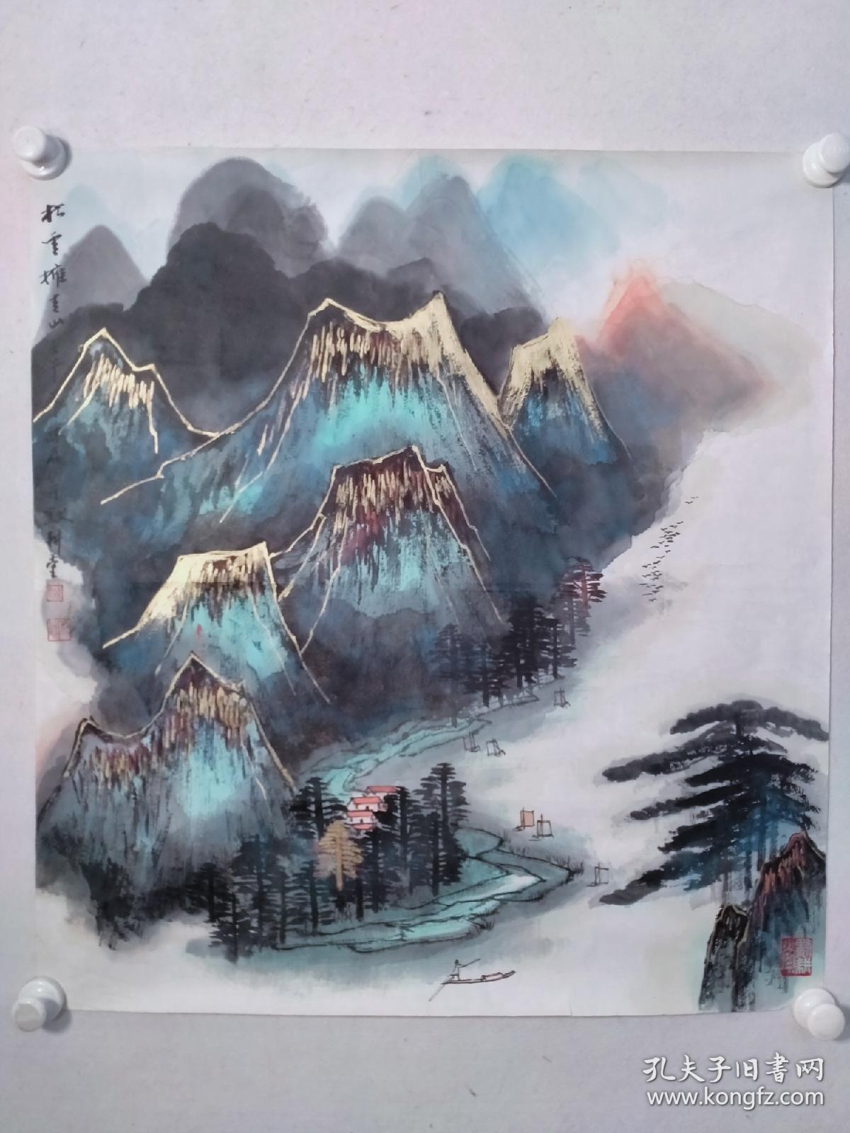 保真书画，何海霞入室弟子，陈君四尺斗方《松云拥青山》山水一幅，纸本画心，尺寸：69*64