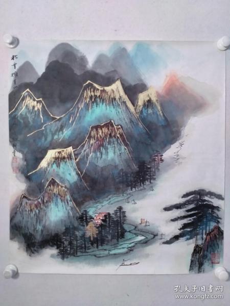 保真书画，何海霞入室弟子，陈君四尺斗方《松云拥青山》山水一幅，纸本画心，尺寸：69*64