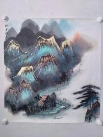 保真书画,何海霞入室弟子,陈君四尺斗方《松云拥青山》山水一幅,纸本画心,尺寸:69*64
