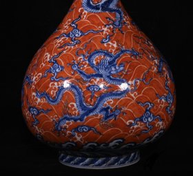 明宣德矾红青花海水五龙纹玉壶春瓶，高27.3×19厘米