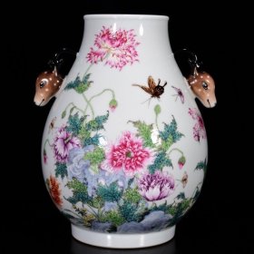 清雍正年粉彩虞美人蝶恋花纹鹿头尊28*20