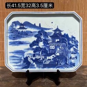 青花·托盘 画工精美，亭台楼阁意境好，全品！