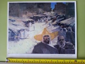 法国现代油画1983年春季沙龙画展来华展出作品《阿拉伯市场的入口（摩洛哥的马拉喀什）》，作者法国著名油画家:罗伯尔法尔古西，上海人民美术出版社1983年11月出版。