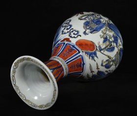 旧藏 元白浒孤窑款矾红青花描金唐太宗人物故事纹玉壶春瓶一对 高46×27厘米