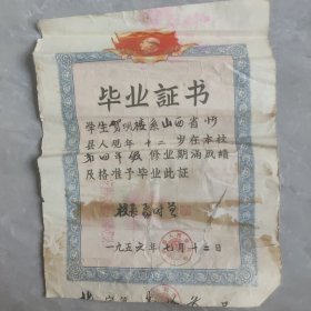 1956年，忻县第八区小学联合校毕业证书