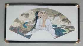 人物画，小青和法海，小写意画法，带纯实木框发货，山东省美协吕秀华老师的大作，笔名东月，高考美术生导师，喜爱花鸟、山水人物、作品多次获奖，于龙啸墨影国际书画院担任管理。吕老师的纯手绘作品，假一赔万，支持第三方鉴定，吕老师的人物绘画非常细，很有味道。33×65公分，家里客厅，卧室，书房，茶室，玄关都可悬挂，不挑地方，闭眼入，真的特别好看。