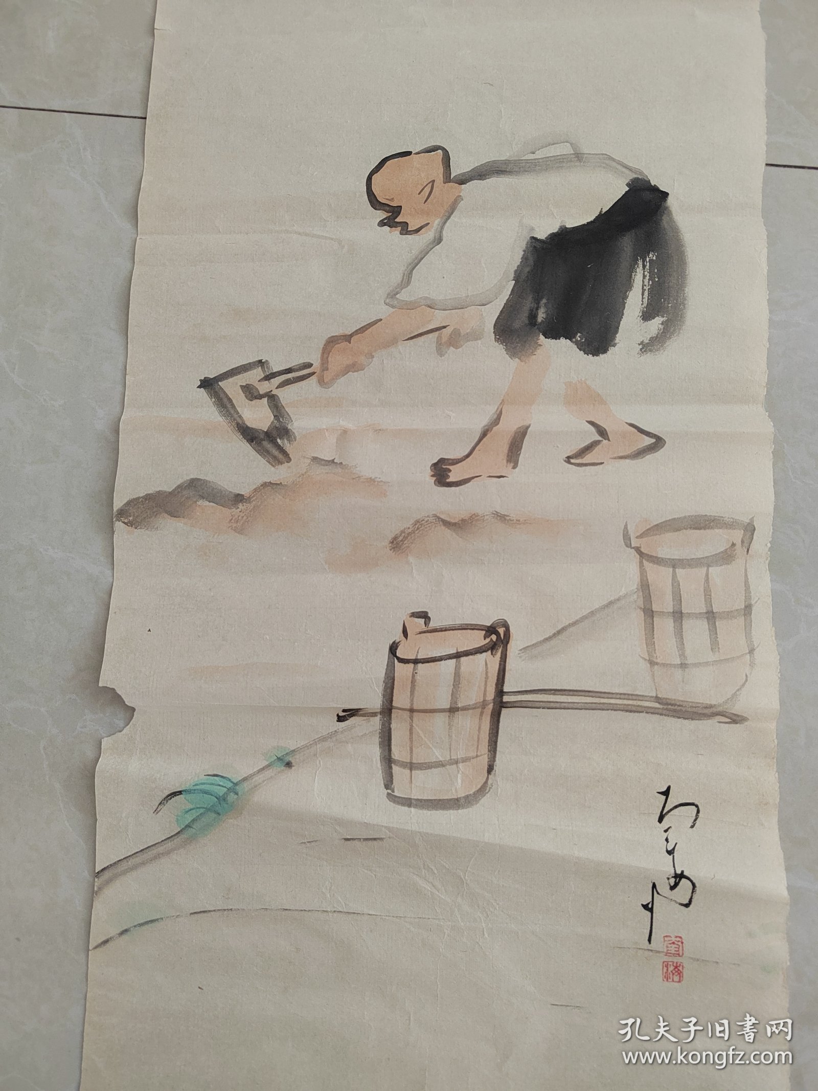 (9)回流手绘老画一幅，尺寸 100cmX31cm.印章落款，品相如图