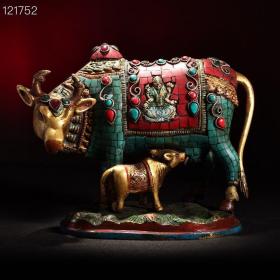 珍藏西藏收纯铜藏传工艺镶嵌宝石彩绘描金母子牛