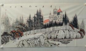 保真书画，著名X旅画家，杨奕先生四尺整纸《青岛风光》国画精品一幅，尺寸:70×136cm软片