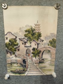 塔与小桥流水  素描纸 纯手绘 日本回流画 尺寸长54X宽39.5 (编号51)