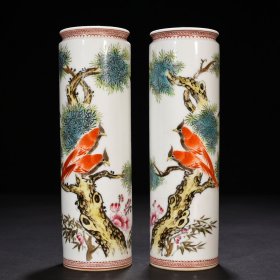 民国珠山八友刘雨岑花鸟纹笔筒 21*6.3厘米