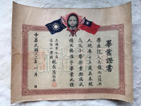 民国31年（1942年）上海市私立茜杨小学校毕业证书，带孙头像，尺寸：35*27厘米，品如图