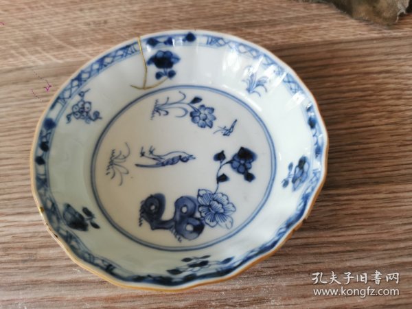 德国回流，保真，明代青花花鸟小盘，一条鸡爪纹，金缮修复。