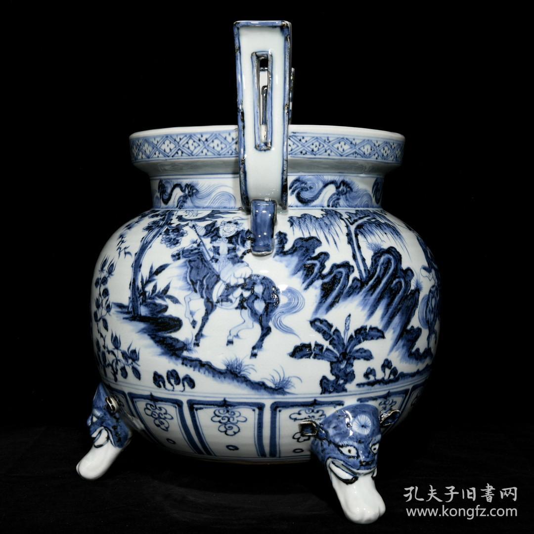 点击查看原图 元代瓷器精品老货收藏 元青花鬼谷子下山图双耳三足炉