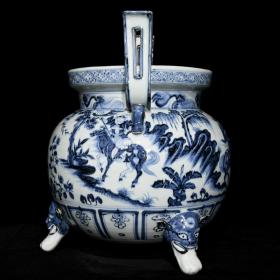 元代瓷器精品老货收藏 元青花鬼谷子下山图双耳三足炉