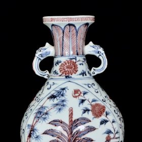 明洪武青花釉里红芭蕉象耳瓶 35/20厘米