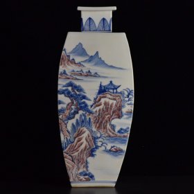 大清康熙年制青花釉里红山水纹四方瓶 规格：42x18x18厘米