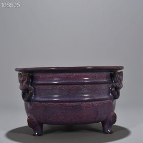宋钧窑玫瑰紫釉炫纹三足炉14*25厘米