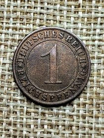 德国1芬尼铜币 魏玛共和国时期1928年G版麦穗 oz0174