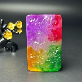 珍藏翡翠冰种多彩玉石雕刻佛像吊牌 尺寸：74/44/17mm左右