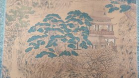 回流字画：南画大名家：田能村竹田，竹田生，松下研经图，文政丙戊写于砚田农舍，画工细致极精之作，大幅绢本设色山水立轴，，原装绫裱，整幅199*53.8画心136*40.8