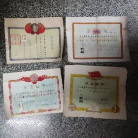 杭州老毕业证书4张（1952，1958，1962，1965年）同个人的，4张毕业证书