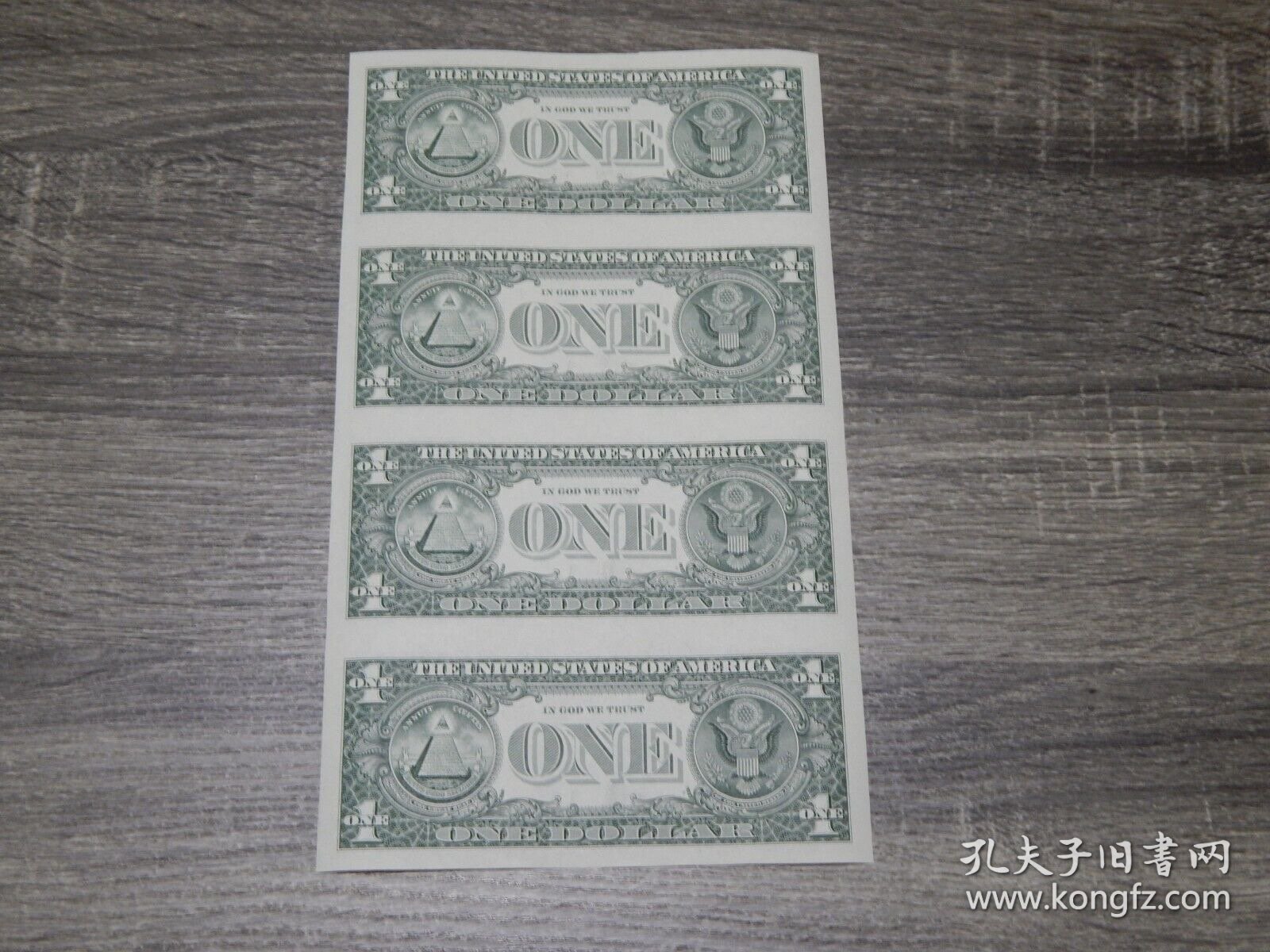 未裁剪，美国幸运纸币$ 1Dollar 4连